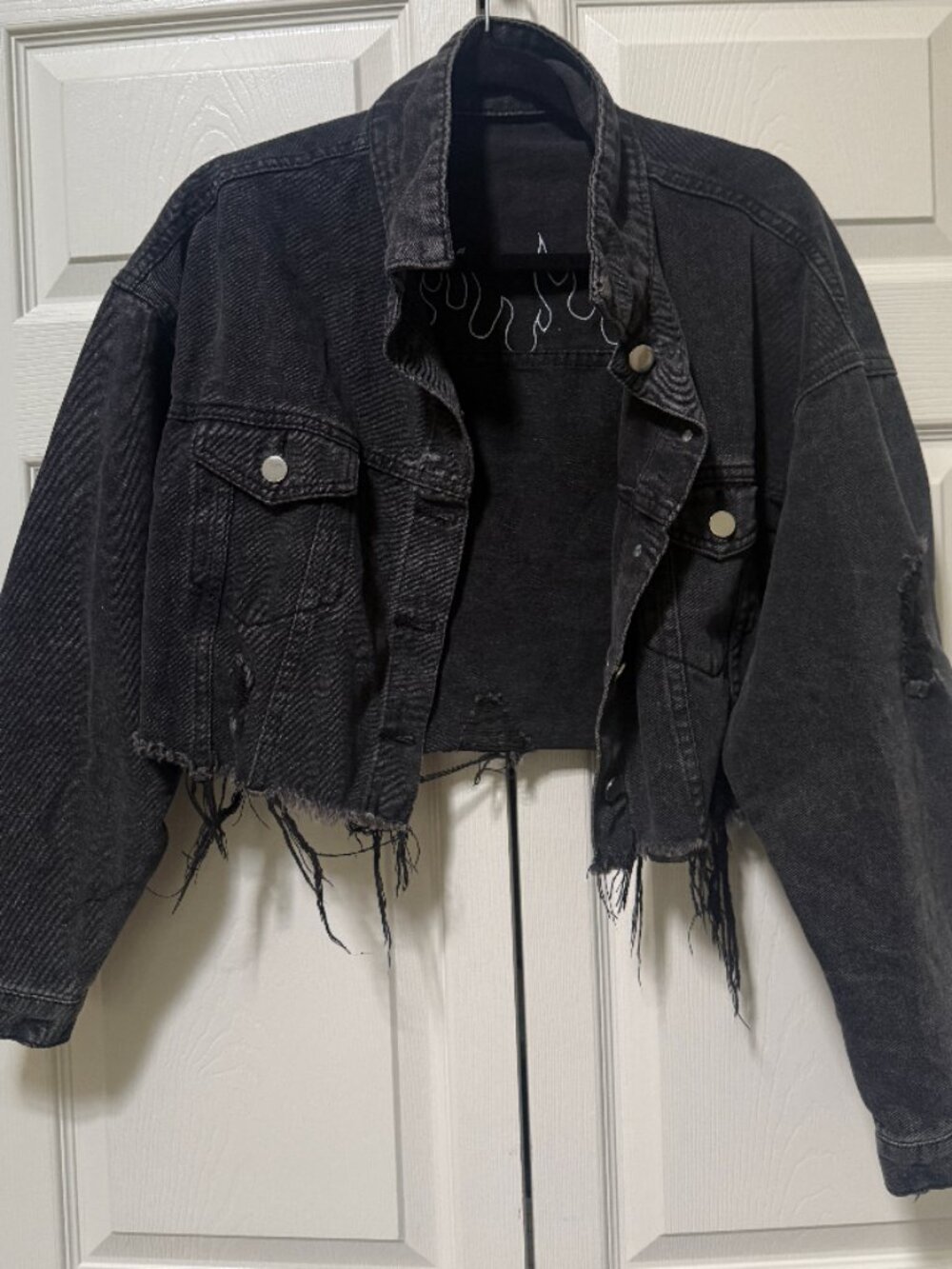 SHEIN Black Flame Distressed Cropped Denim Jacket M